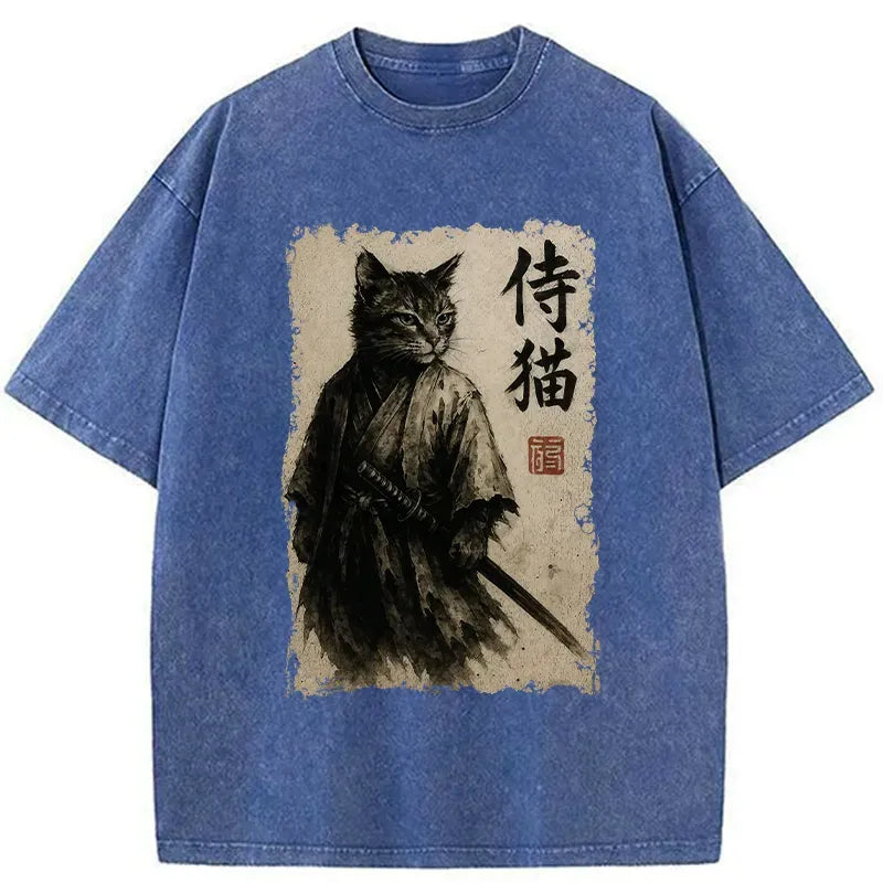 Kyoto-Lion Mighty Retro Cat Japanese Samurai Washed T-Shirt