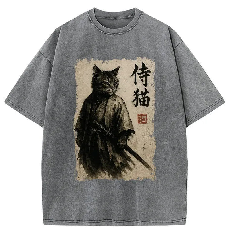 Kyoto-Lion Mighty Retro Cat Japanese Samurai Washed T-Shirt