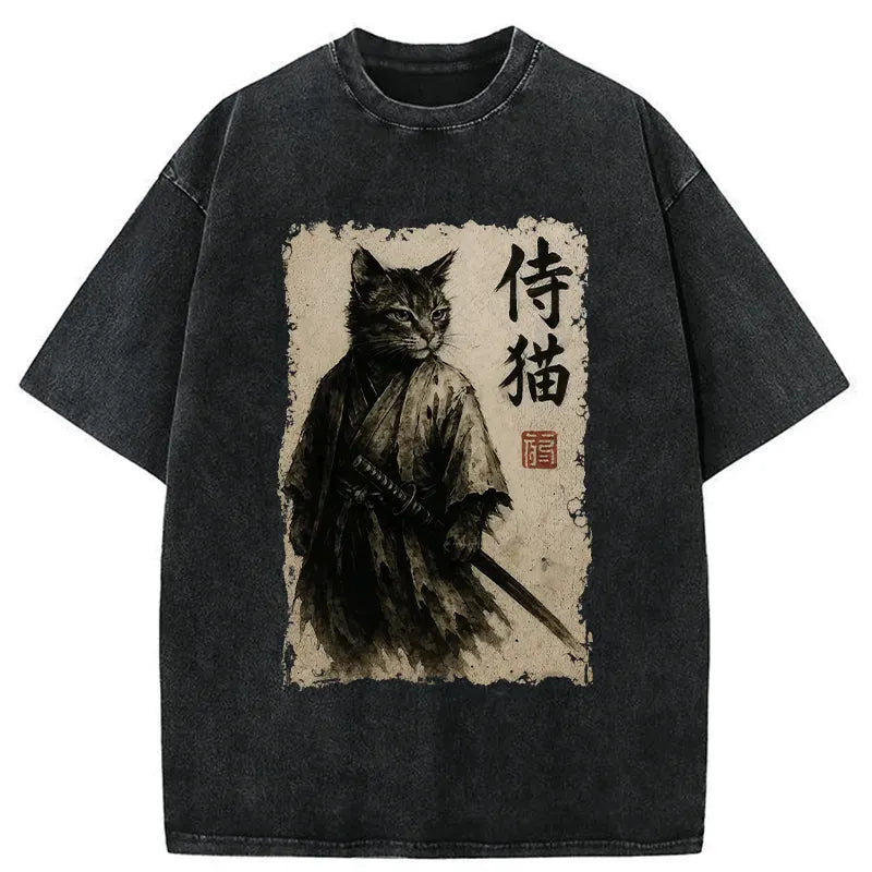 Japanese Samurai Cat Retro T-Shirt