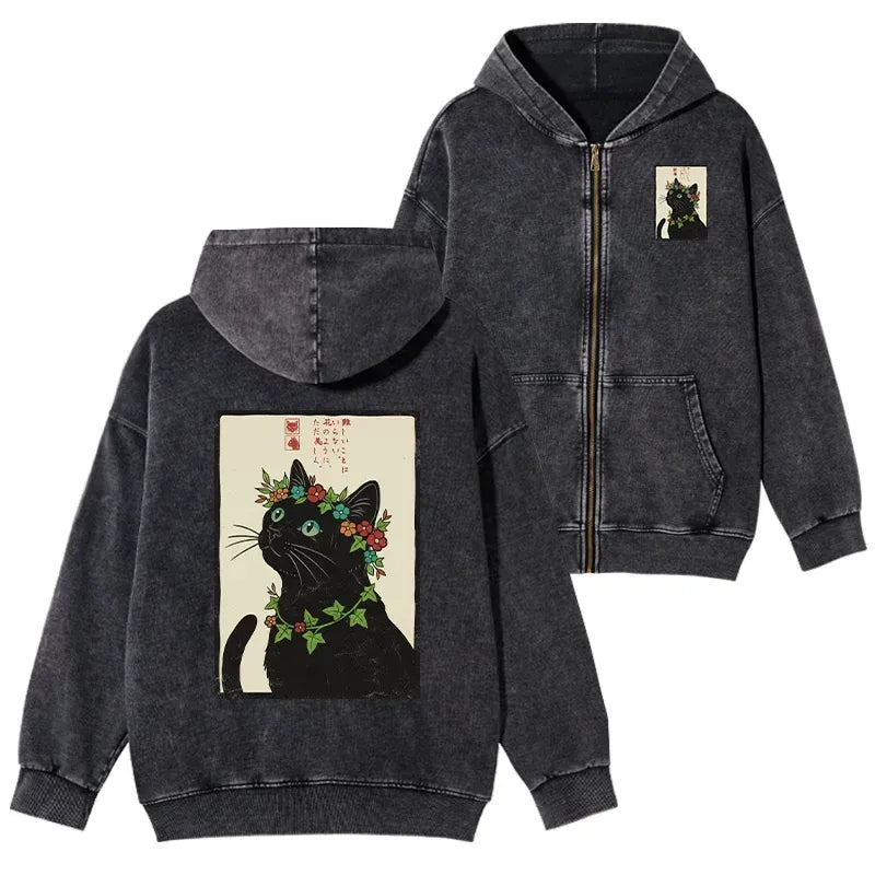 Kyoto-Lion The Flower-Crowned Cat Washed Zip Hoodie