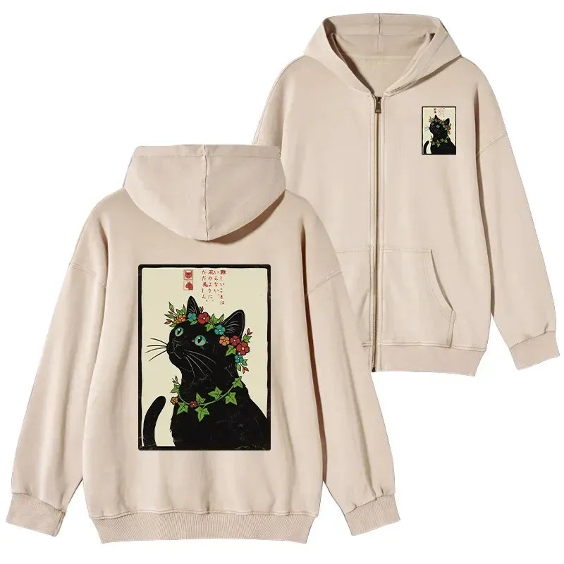 Kyoto-Lion The Flower-Crowned Cat Washed Zip Hoodie