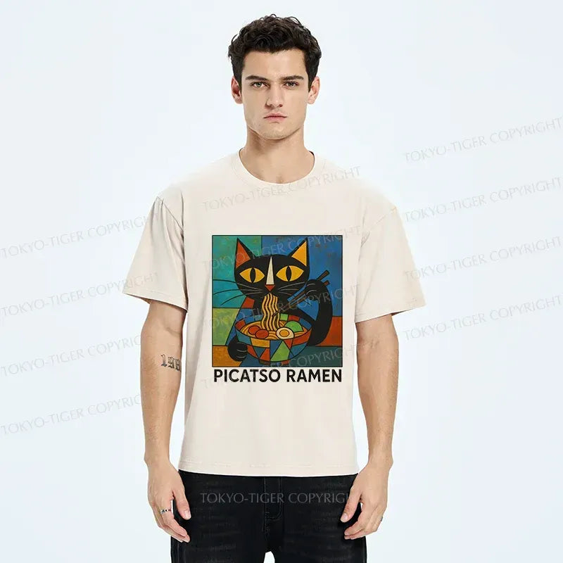 Kyoto-Lion Abstract Cat Eating Ramen Washed T-Shirt