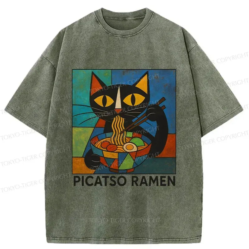 Kyoto-Lion Abstract Cat Eating Ramen Washed T-Shirt
