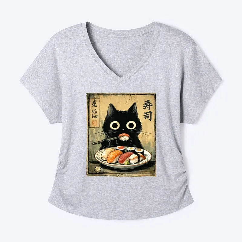 Kyoto-Lion Vintage Japanese Sushi Cat Modal Dolman Sleeve T-Shirt