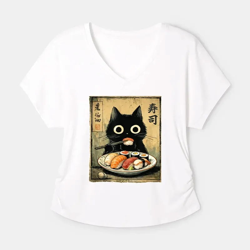 Kyoto-Lion Vintage Japanese Sushi Cat Modal Dolman Sleeve T-Shirt