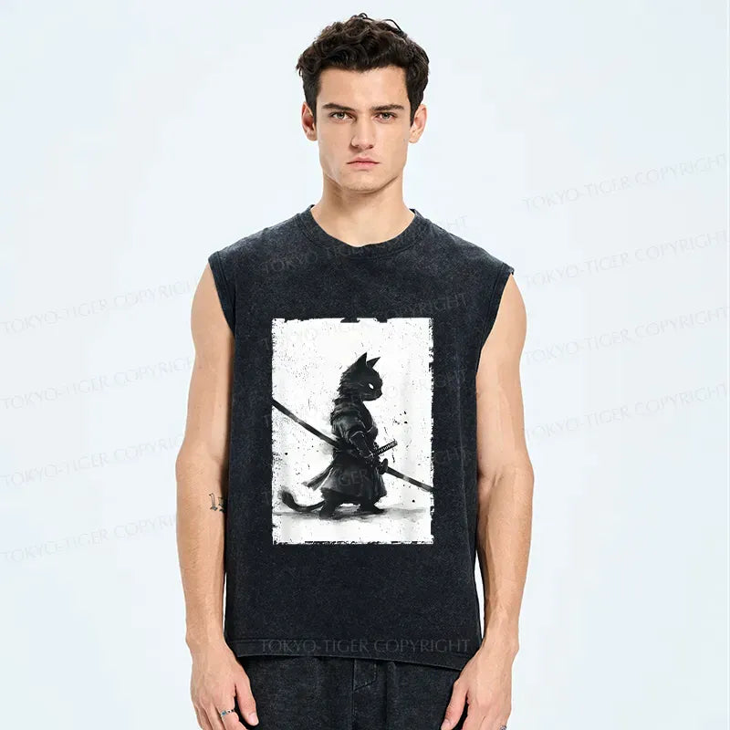 Japanese Samurai Cat Washed Tank Top