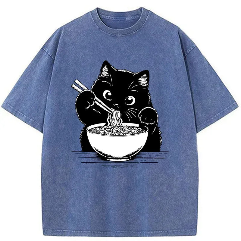 Kyoto-Lion Cute Cat Eat Ramen Washed T-Shirt