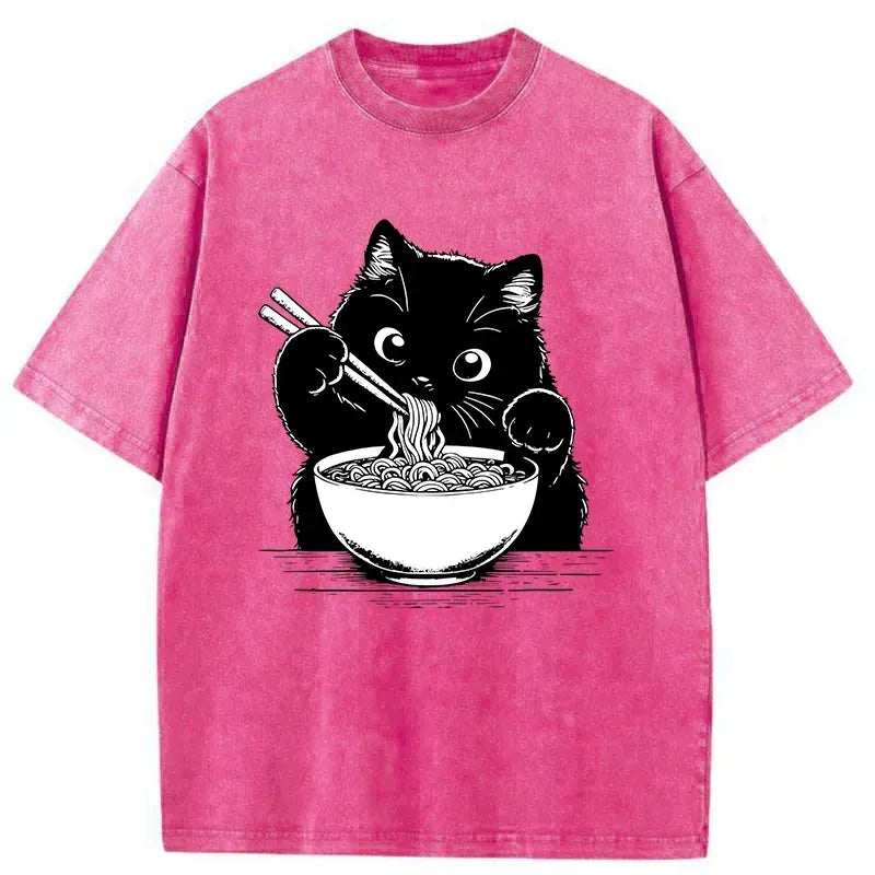 japanese cat eating ramen washed tee