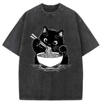 Kyoto-Lion Cute Cat Eat Ramen Washed T-Shirt