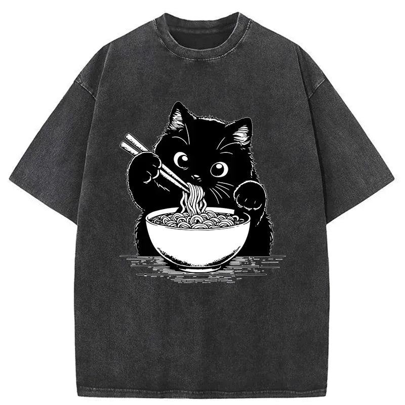 Kyoto-Lion Cute Cat Eat Ramen Washed T-Shirt