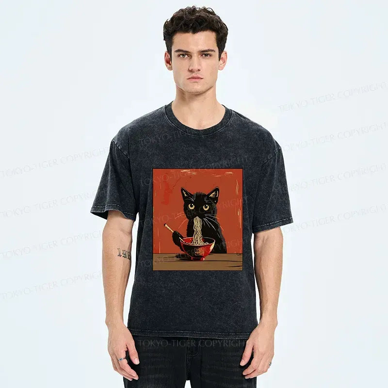 Kyoto-Lion Japanese Black Cat Eating Ramen Washed T-Shirt
