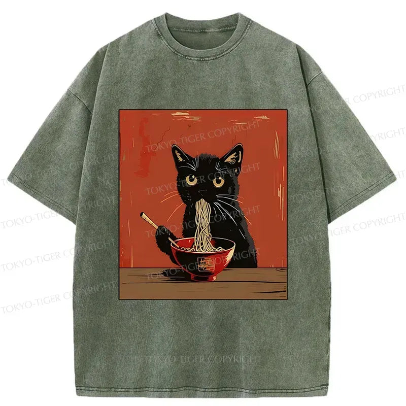 Kyoto-Lion Japanese Black Cat Eating Ramen Washed T-Shirt