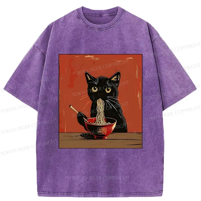 Kyoto-Lion Japanese Black Cat Eating Ramen Washed T-Shirt