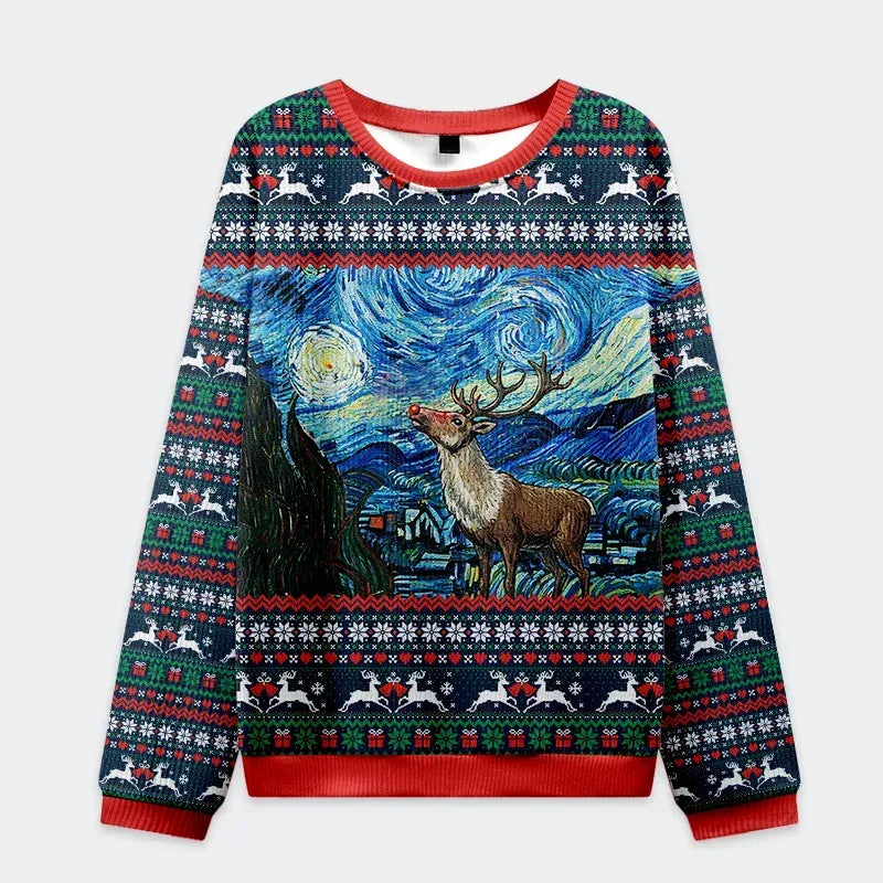 Kyoto-Lion Rudolph Under The Starry Night Christmas Ugly Sweatshirt