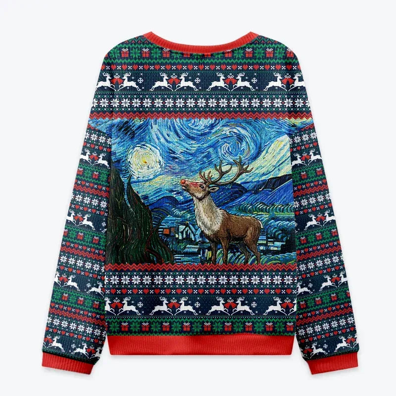 Kyoto-Lion Rudolph Under The Starry Night Christmas Ugly Sweatshirt