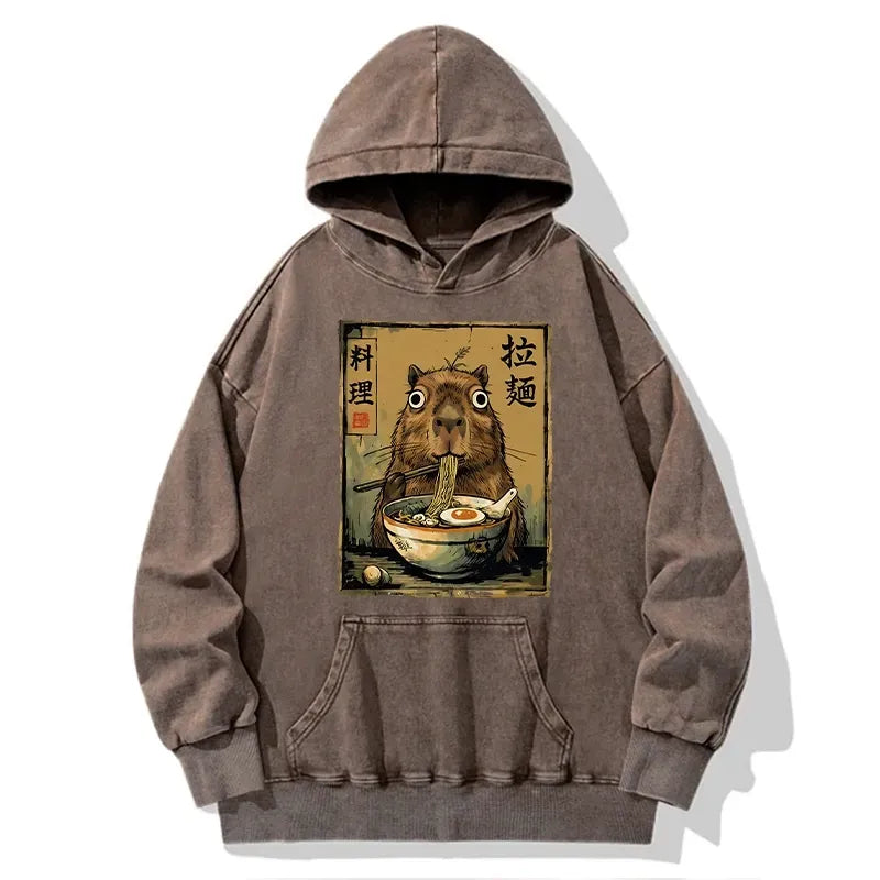 Kyoto-Lion Cute Capybara Eating Ramen Washed Hoodie