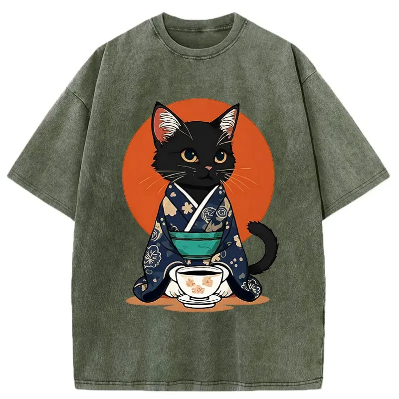 Black Cat Kimono Washed T-Shirt