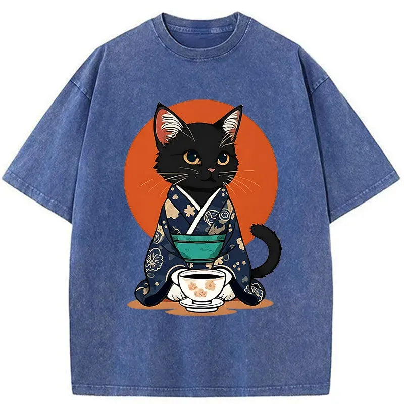 Kyoto-Lion A Black Cat Wearing A Kimono Washed T-Shirt