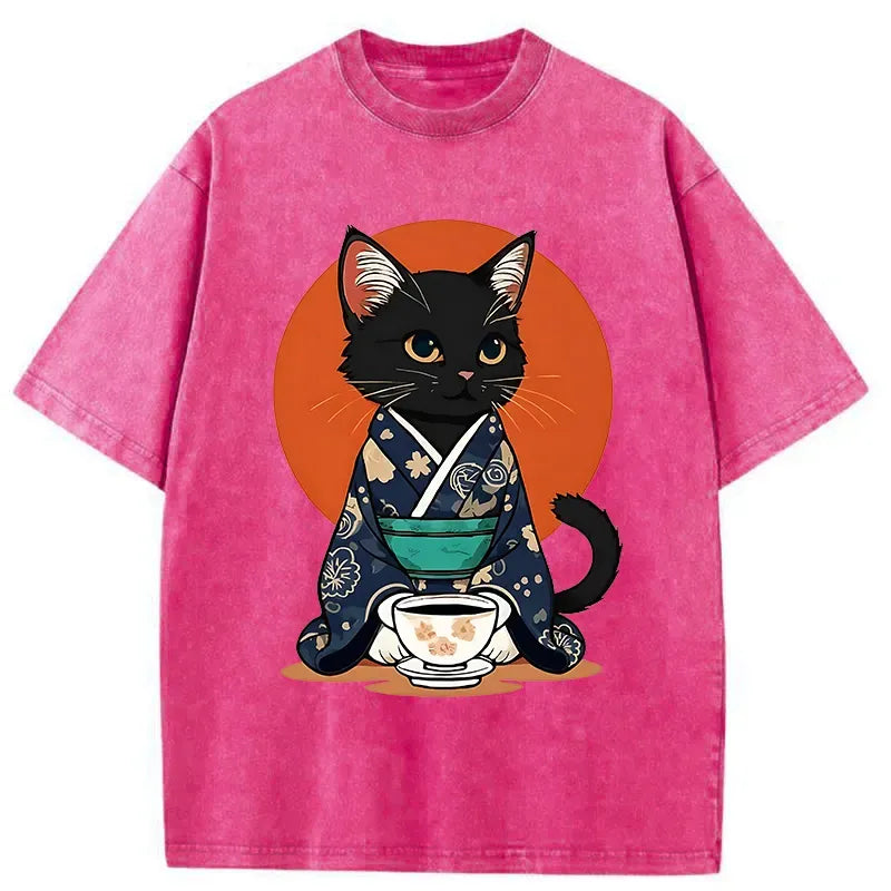 Black Cat Kimono Washed T-Shirt