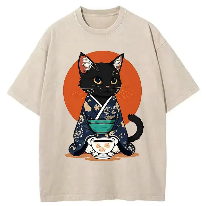 Black Cat Kimono Washed T-Shirt