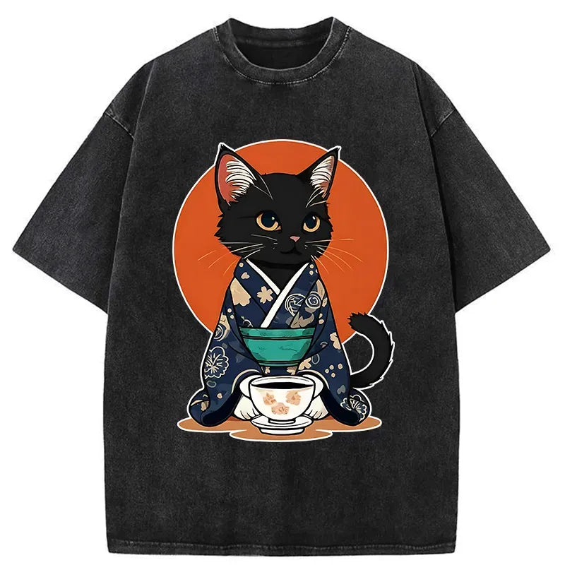 Kyoto-Lion A Black Cat Wearing A Kimono Washed T-Shirt