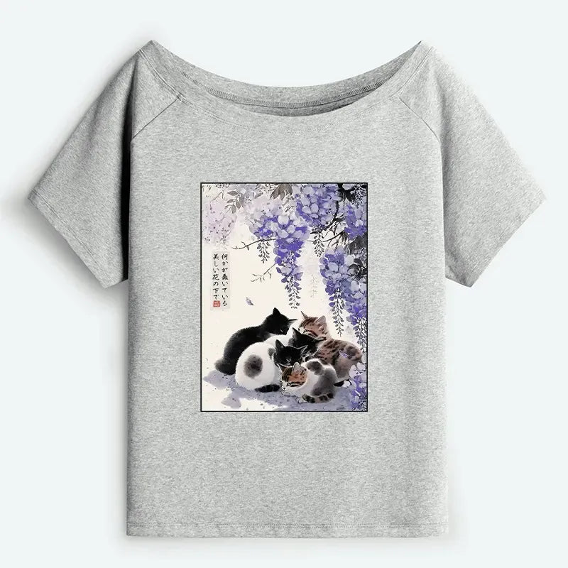 Japanese Wisteria Cat T-Shirt for Women