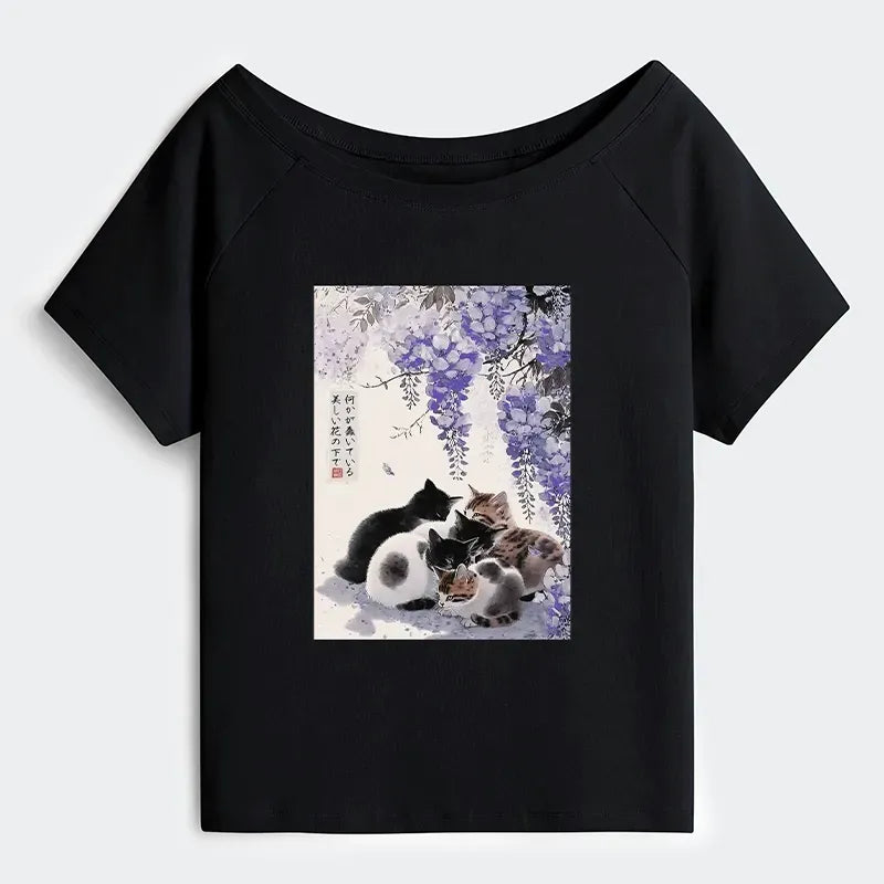 Kyoto-Lion Cats plotting under the wisteria Off Shoulder T-Shirt