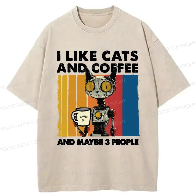 Kyoto-Lion I Like Robot Cats And Coffee Washed T-Shirt