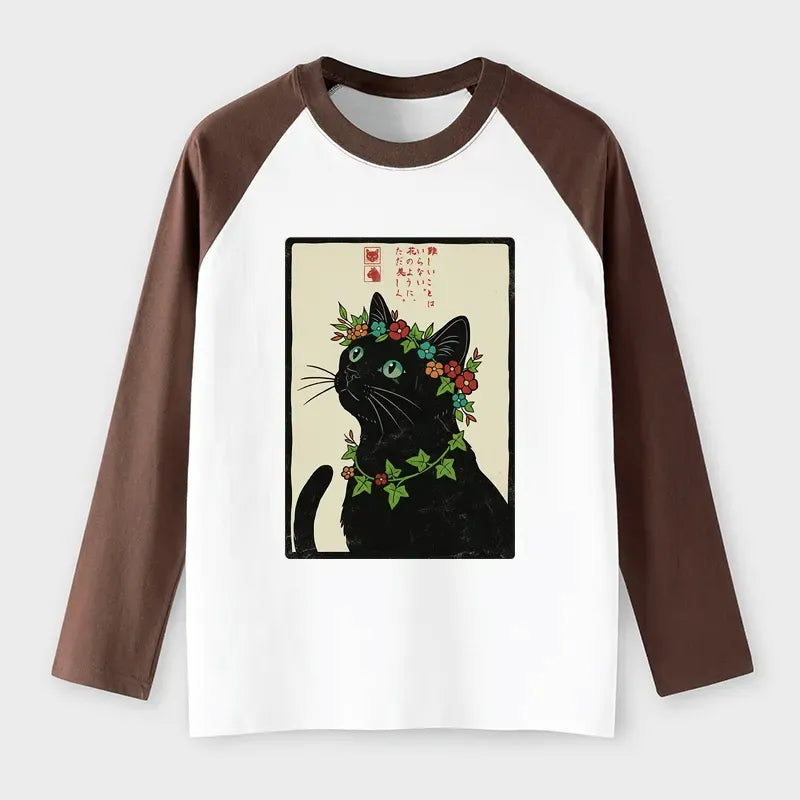 Kyoto-Lion The Flower-Crowned Cat Raglan Long Sleeve T-shirt