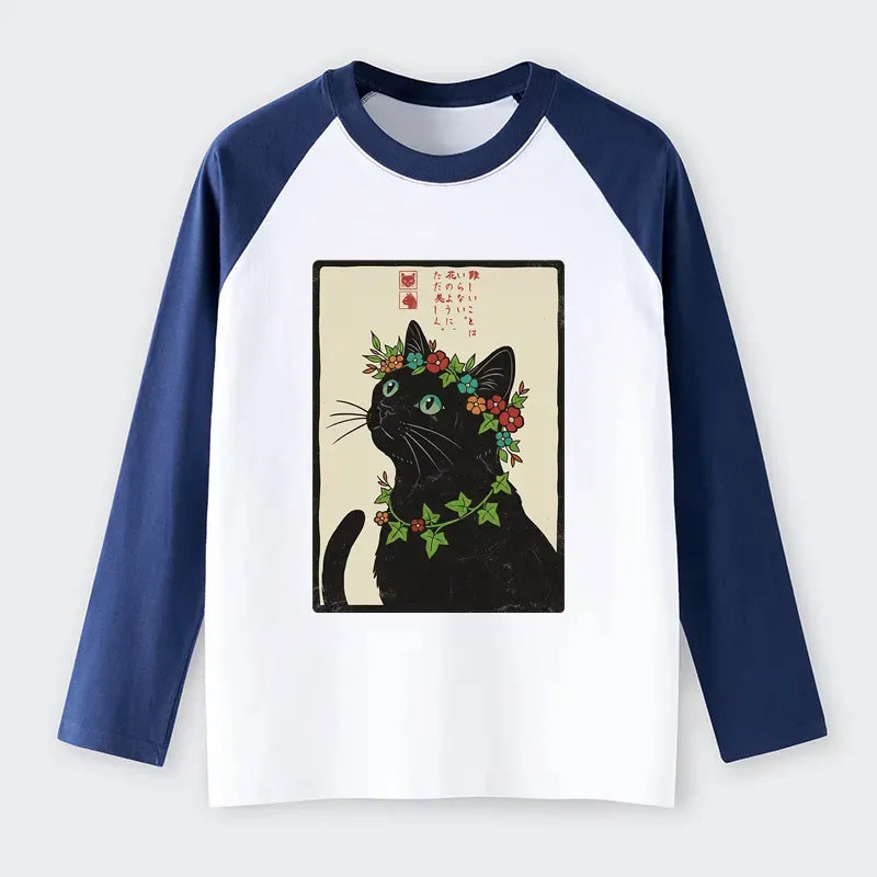 Kyoto-Lion The Flower-Crowned Cat Raglan Long Sleeve T-shirt