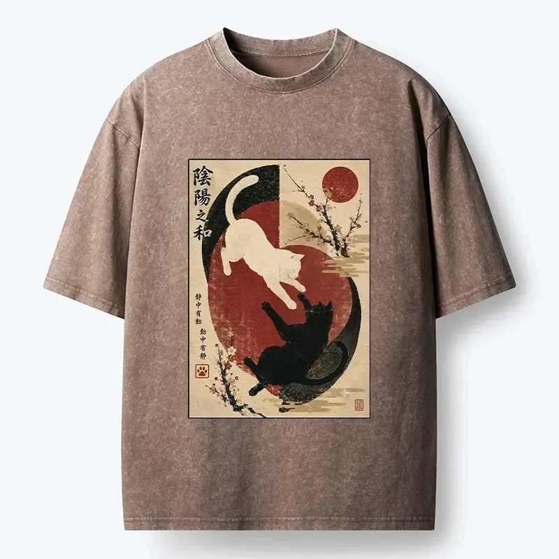 Kyoto-Lion Retro Plum Two Cats Peace Graphic Washed T-Shirt