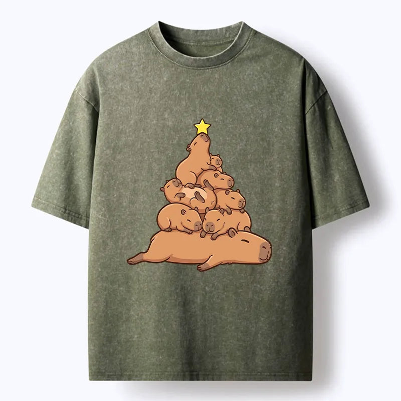 Kyoto-Lion Funny Stacked Capybara Christmas Tree Washed T-Shirt
