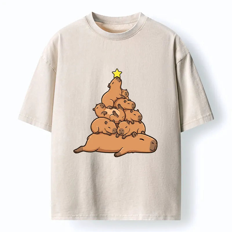 Kyoto-Lion Funny Stacked Capybara Christmas Tree Washed T-Shirt