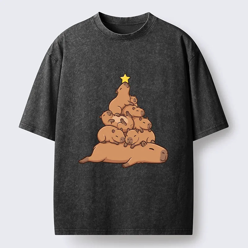 Kyoto-Lion Funny Stacked Capybara Christmas Tree Washed T-Shirt