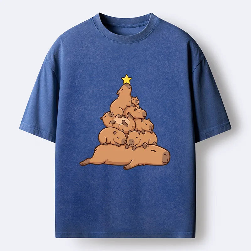 Kyoto-Lion Funny Stacked Capybara Christmas Tree Washed T-Shirt
