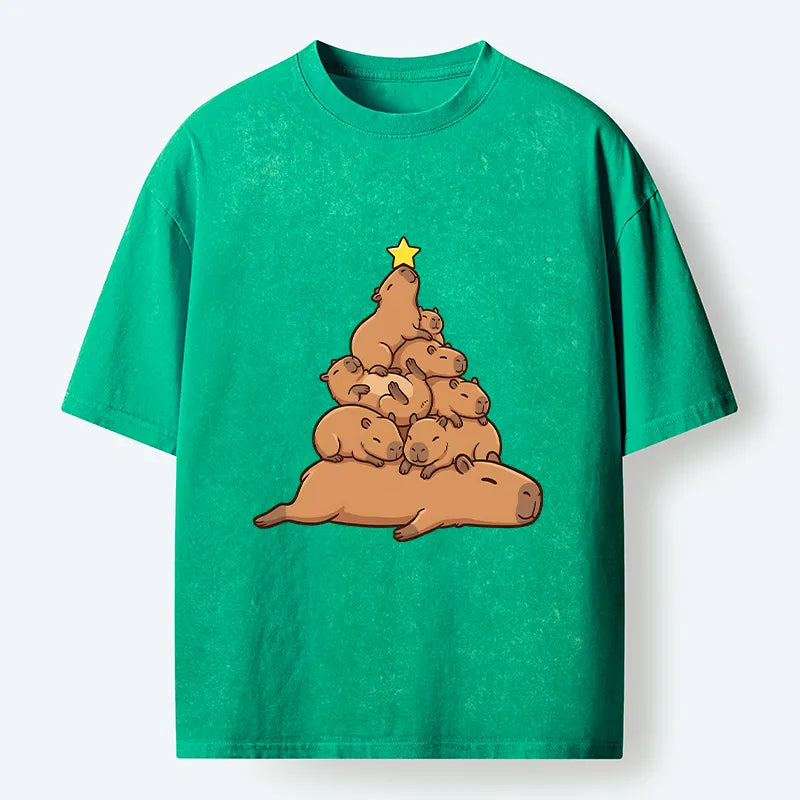 Kyoto-Lion Funny Stacked Capybara Christmas Tree Washed T-Shirt