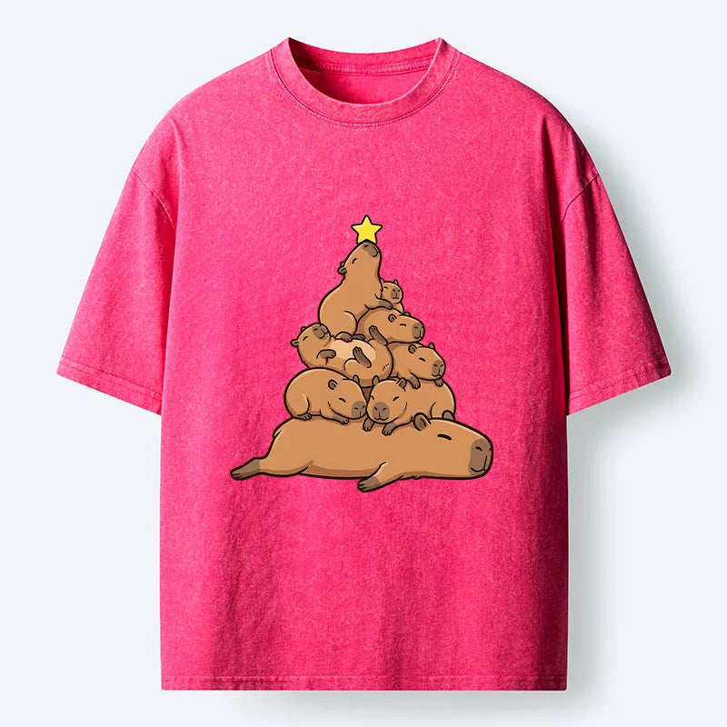 Kyoto-Lion Funny Stacked Capybara Christmas Tree Washed T-Shirt