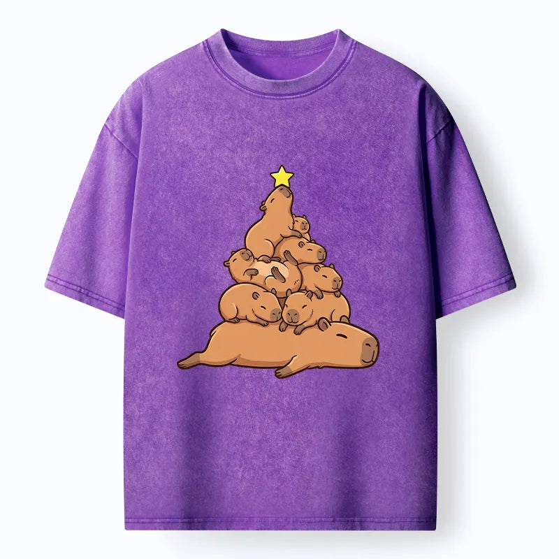 Kyoto-Lion Funny Stacked Capybara Christmas Tree Washed T-Shirt