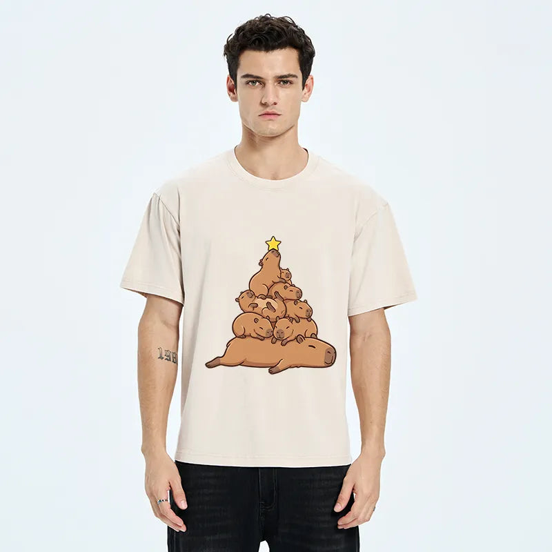 Kyoto-Lion Funny Stacked Capybara Christmas Tree Washed T-Shirt