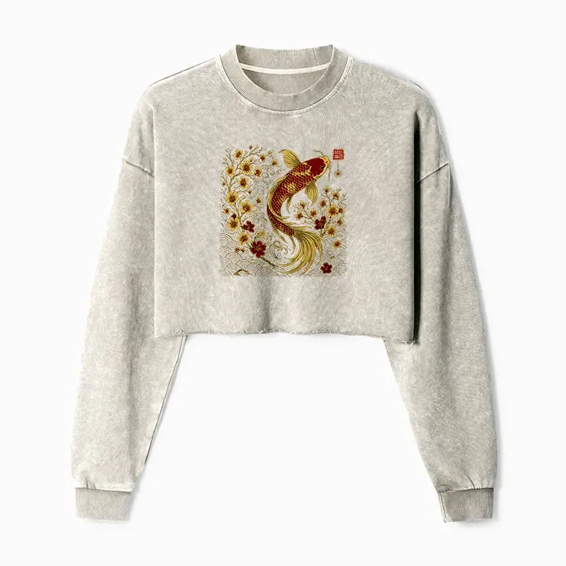 Kyoto-Lion Vintage Sakura And Koi Washed Crop Sweatshirt
