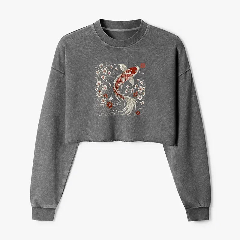Kyoto-Lion Vintage Sakura And Koi Washed Crop Sweatshirt