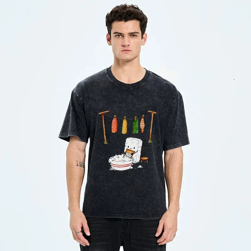 Kyoto-Lion Sushi Washing Clothes Washed T-Shirt