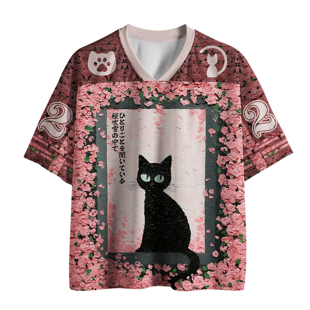 Kyoto-Lion Black Cat In The Sakura Snow Mesh Jersey