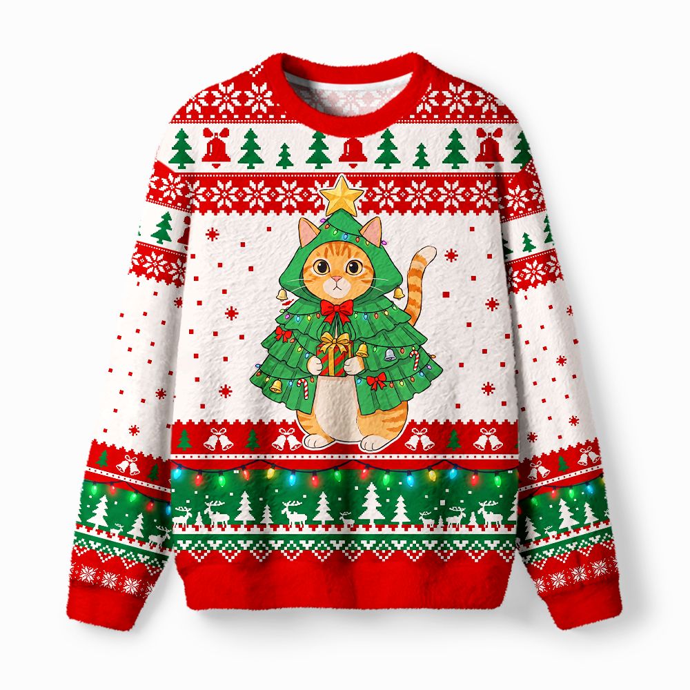 Kyoto-Lion Cute Cat In Xmas Tree Outfit Fuzzy Christmas Ugly Sweatshirt