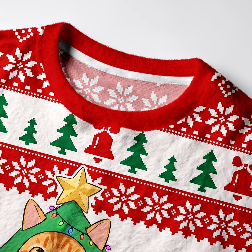 Kyoto-Lion Cute Cat In Xmas Tree Outfit Fuzzy Christmas Ugly Sweatshirt