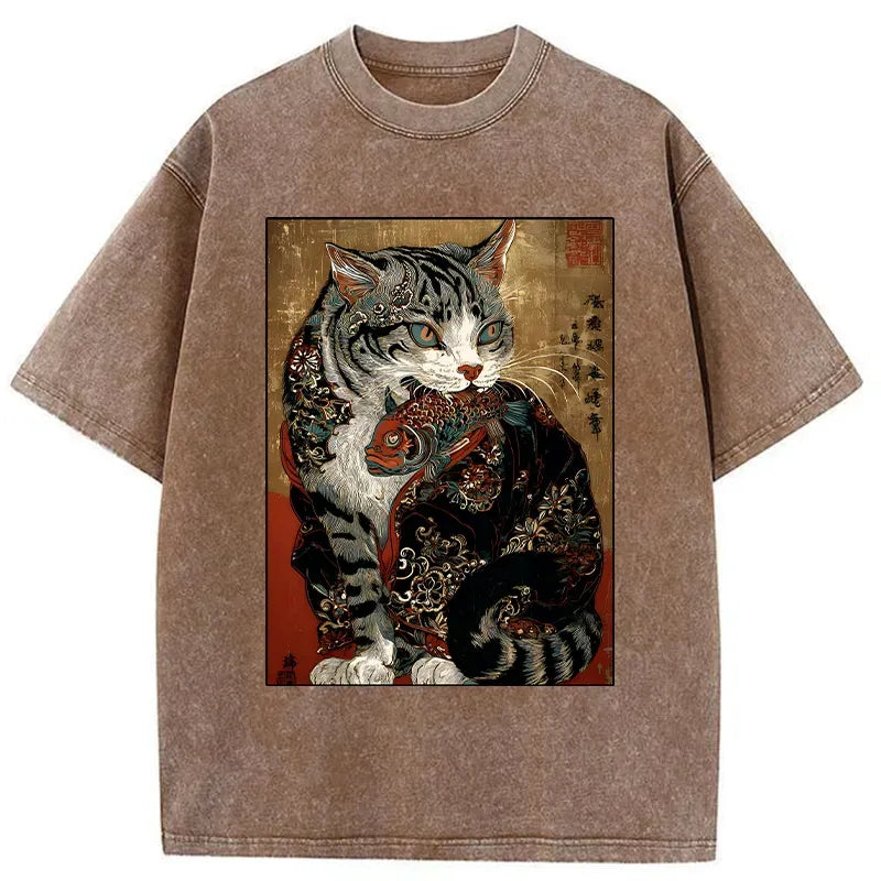 Kyoto-Lion Gorgeous Cat Eats Fish Washed T-Shirt