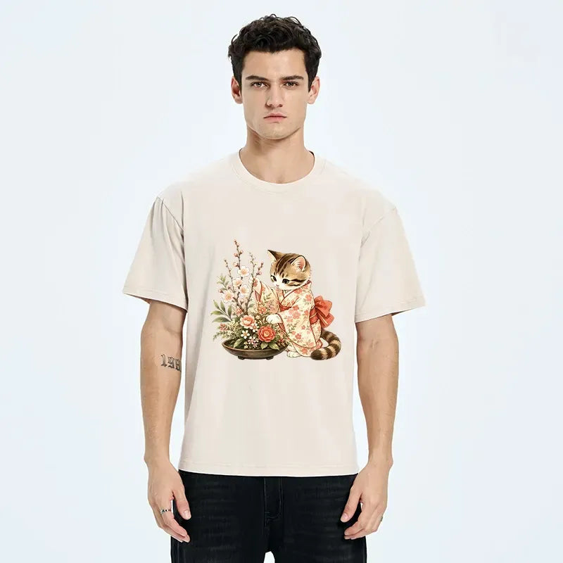 Kyoto-Lion Cute Kimono Cat Flower Artist Washed T-Shirt