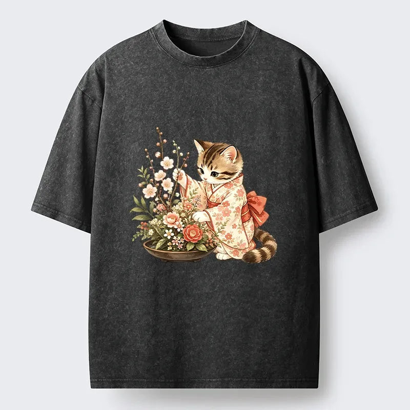 Cute Kimono Cat Flower Washed T-Shirt