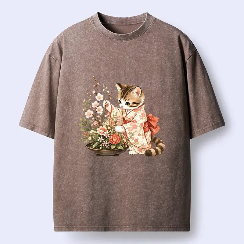 Cute Kimono Cat Flower Washed T-Shirt