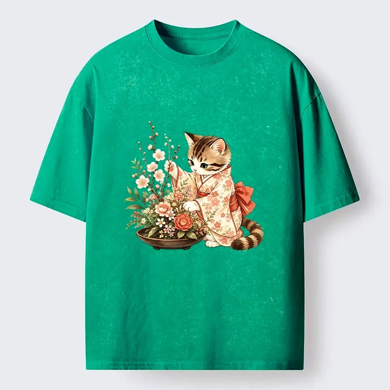 Cute Kimono Cat Flower Washed T-Shirt